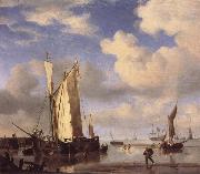 Dutch Vessels Close Inshore at Low Tide,and Men Bathing Willem van